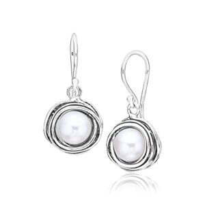 925 sterling silver stud earrings with a fresh water white pearl, wire wrapped bezel, antique finish, hypoallergenic, nickel & lead-free, gift for her, french wire earring back, pearl