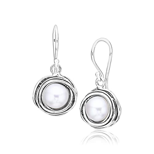 925 Sterling Silver Stud Earrings With A Fresh Water White Pearl, Wire Wrapped Bezel, Antique finish, Hypoallergenic, Nickel & Lead-free, Gift for Her, French Wire Earring Back, Pearl