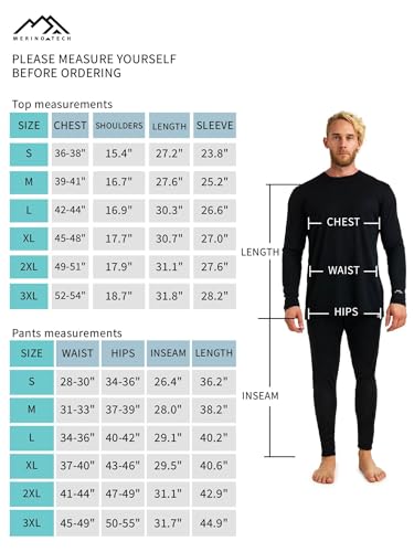 Merino.tech Merino Wool Base Layer Mens Set - Lite Merino Wool Thermal Underwear For Men Top, Bottom (Small, 165 LITE Charcoal Grey)