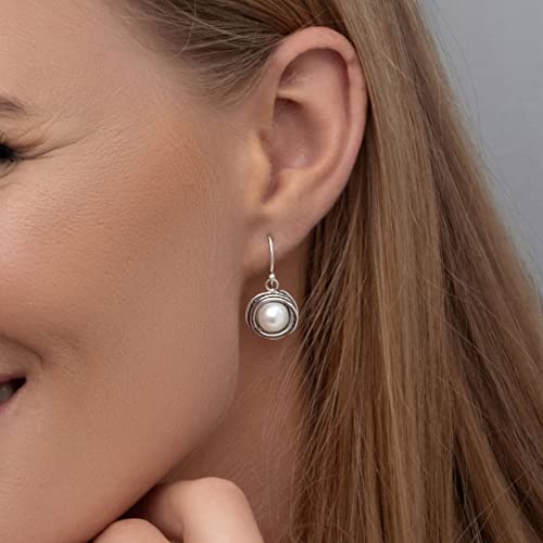 925 Sterling Silver Stud Earrings With A Fresh Water White Pearl, Wire Wrapped Bezel, Antique finish, Hypoallergenic, Nickel & Lead-free, Gift for Her, French Wire Earring Back, Pearl