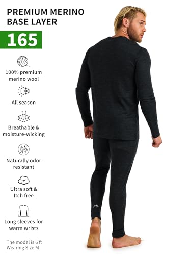 Merino.tech Merino Wool Base Layer Mens Set - Lite Merino Wool Thermal Underwear For Men Top, Bottom (Small, 165 LITE Charcoal Grey)