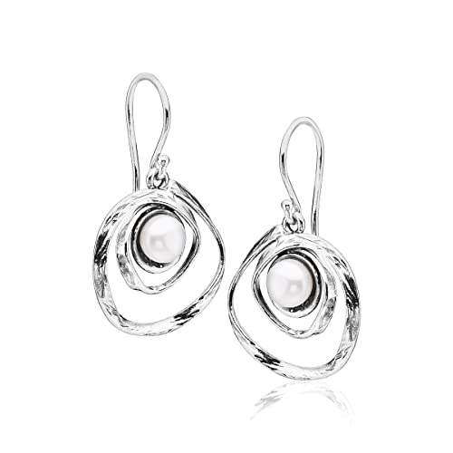 925 Sterling Silver Dangle Drop Earrings Free Form With A Fresh Water Pearl, Antique finish, Hypoallergenic, Nickel and Lead-free, French Wire Earring Back, Made In Israel