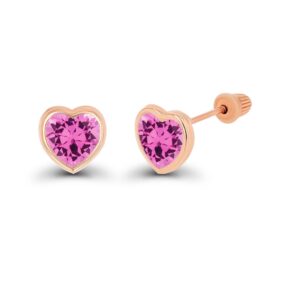 Solid 14K Rose Gold 6mm Heart Shaped Created Pink Sapphire Birthstone Bezel Screw Back Stud Earrings