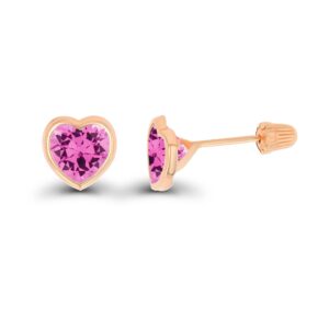 Solid 14K Rose Gold 6mm Heart Shaped Created Pink Sapphire Birthstone Bezel Screw Back Stud Earrings