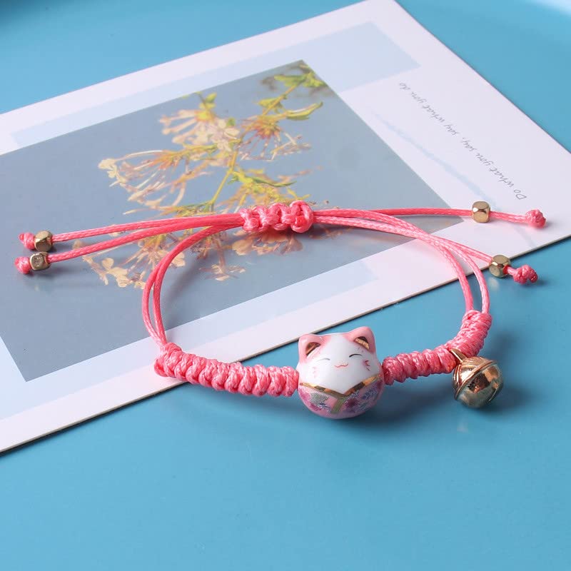 4 Pieces Cat Maneki Neko Bracelet Cute Lucky Cat Ceramic Beads Bracelets Feng Shui Lucky Bracelet Japanese Fortune String Bracelet with Bell, Adjustable