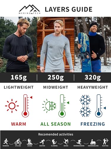 Merino.tech Merino Wool Base Layer Mens Set - Lite Merino Wool Thermal Underwear For Men Top, Bottom (Small, 165 LITE Charcoal Grey)