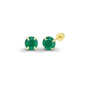 Solid 14K Yellow Gold 3mm Round Genuine Green Emerald May Birthstone Solitaire Ball Screw Back Stud Earring