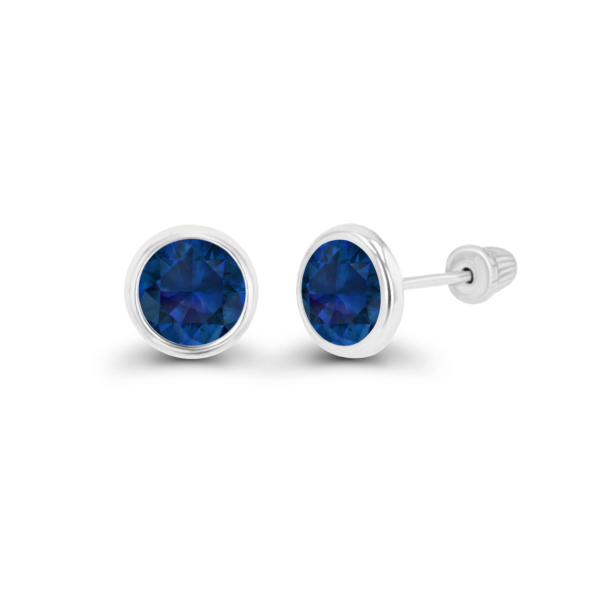 Solid 14K White Gold 6mm Round Created Blue Sapphire September Birthstone Bezel Screw Back Stud Earrings