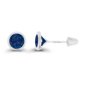 solid 14k white gold 6mm round created blue sapphire september birthstone bezel screw back stud earrings