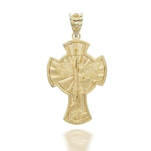 Saint Michael The Archangel Medallion Cross Pendant Solid 10K Yellow Gold