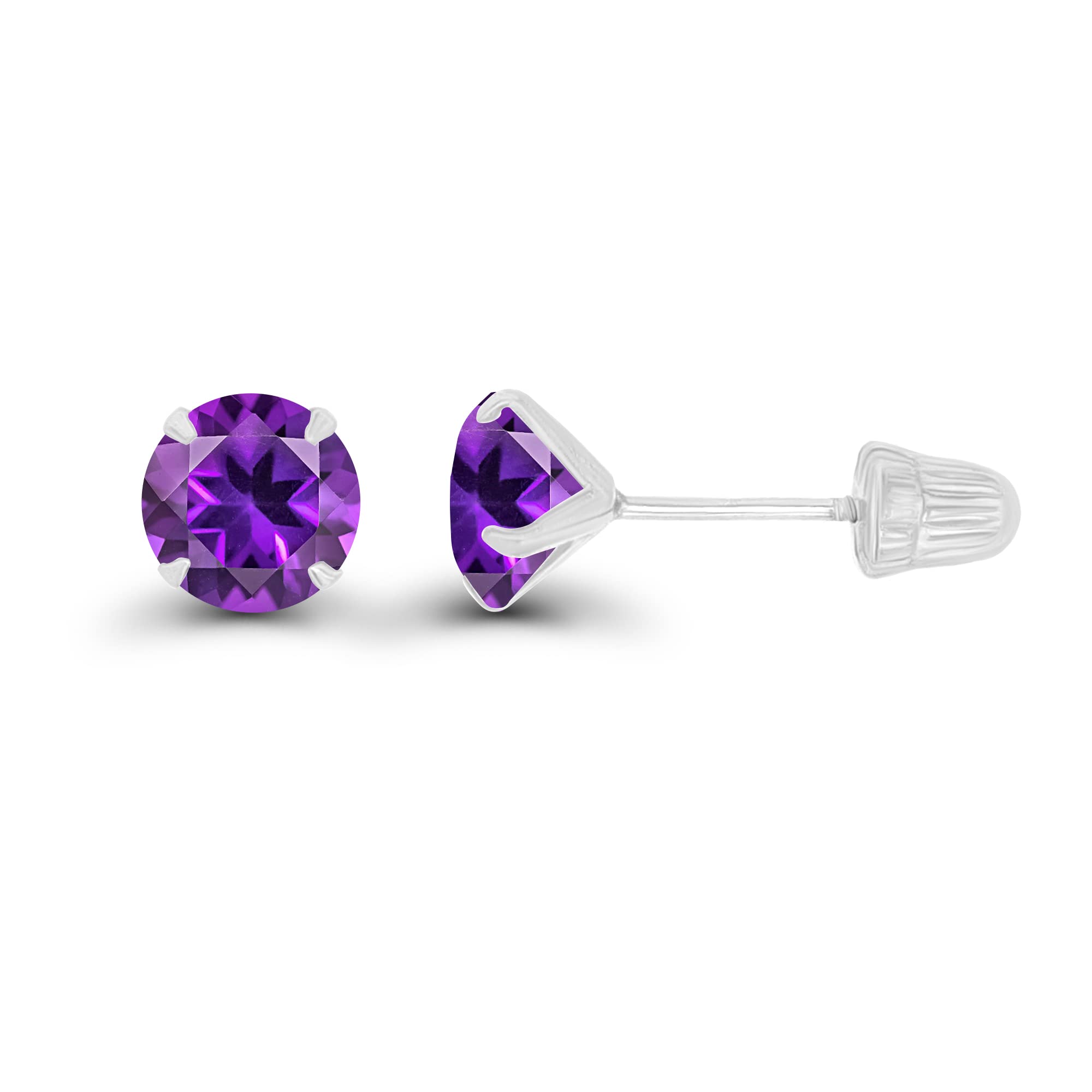 Solid 14K White Gold 5mm Round Natural Purple Amethyst February Birthstone Solitaire Ball Screw Back Stud Earring