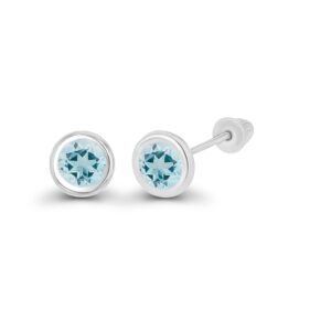 Solid 14K White Gold 4mm Round Natural Aquamarine March Birthstone Bezel Screw Back Stud Earrings