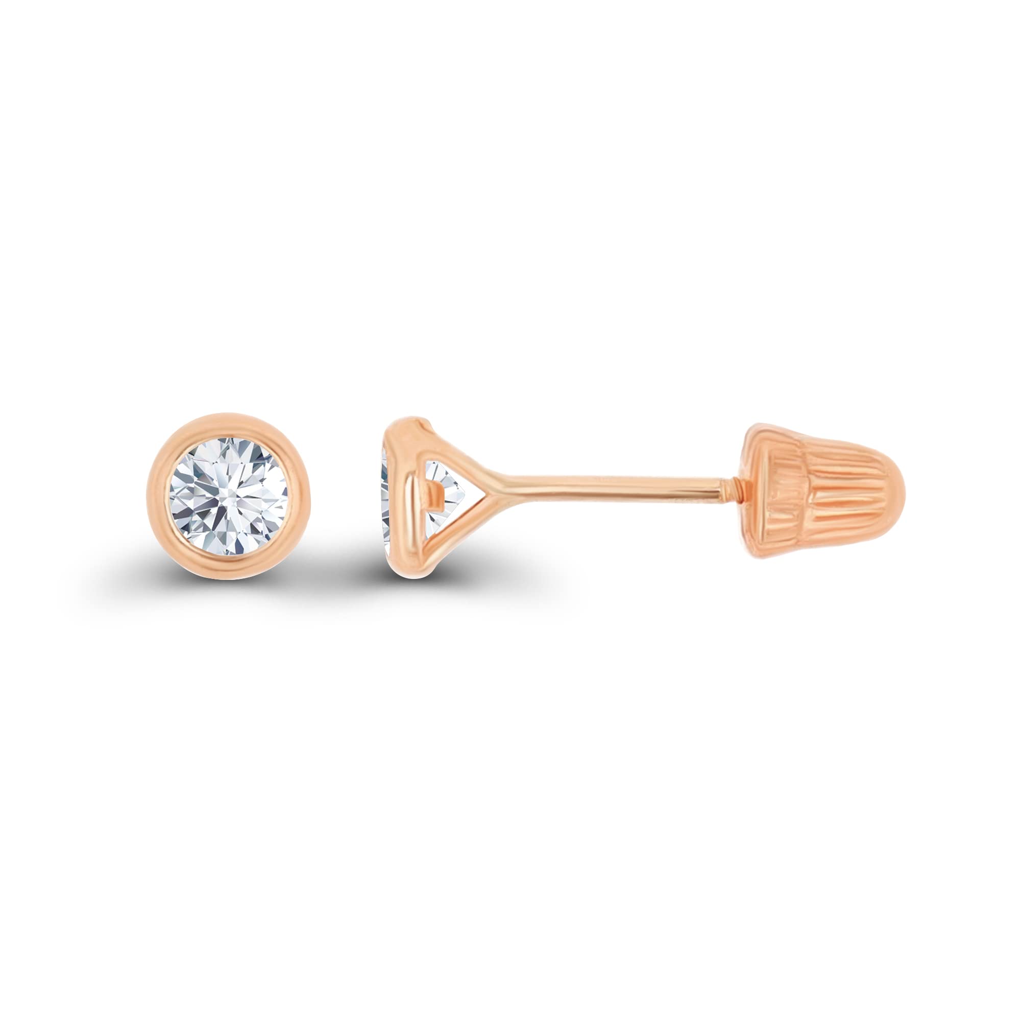 Solid 14K Rose Gold 3mm Round Created White Sapphire April Birthstone Bezel Screw Back Stud Earrings