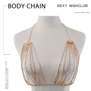 Foyte Boho Rhinestone Top Body Chain Gold Layered Bra Body Chain Sexy Crystal Bikini Chest Chain Nightclub Beach Body Jewelry Accessories for Women (A)