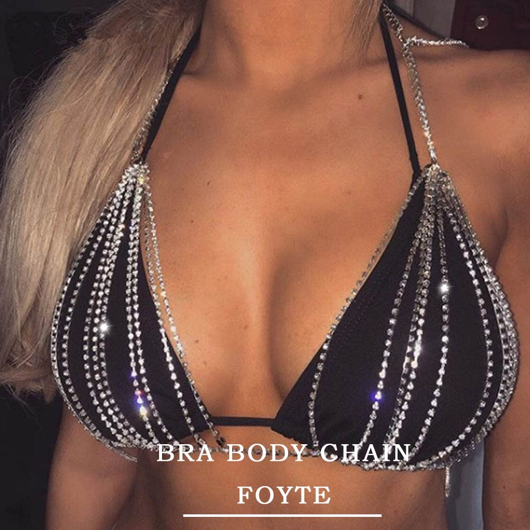 Foyte Boho Rhinestone Top Body Chain Gold Layered Bra Body Chain Sexy Crystal Bikini Chest Chain Nightclub Beach Body Jewelry Accessories for Women (A)