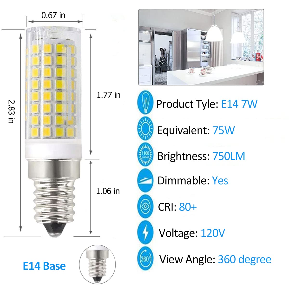 SZHZS E14 Dimmable LED Bulb Cooker Hood Range Hood Light Bulbs, E14 Base 7W Equivalent to 75 Watt Bulbs Daylight White 6000K AC110V-120V for Chandeliers, Ceiling Fan, Pendant Light