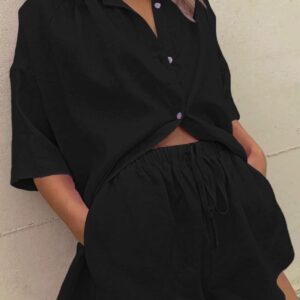 Fixmatti Two Piece Outfits for Women Short Sleeve Collar Button Shirt Top Loose Shorts Set Casual Tracksuit Streetwear Black L