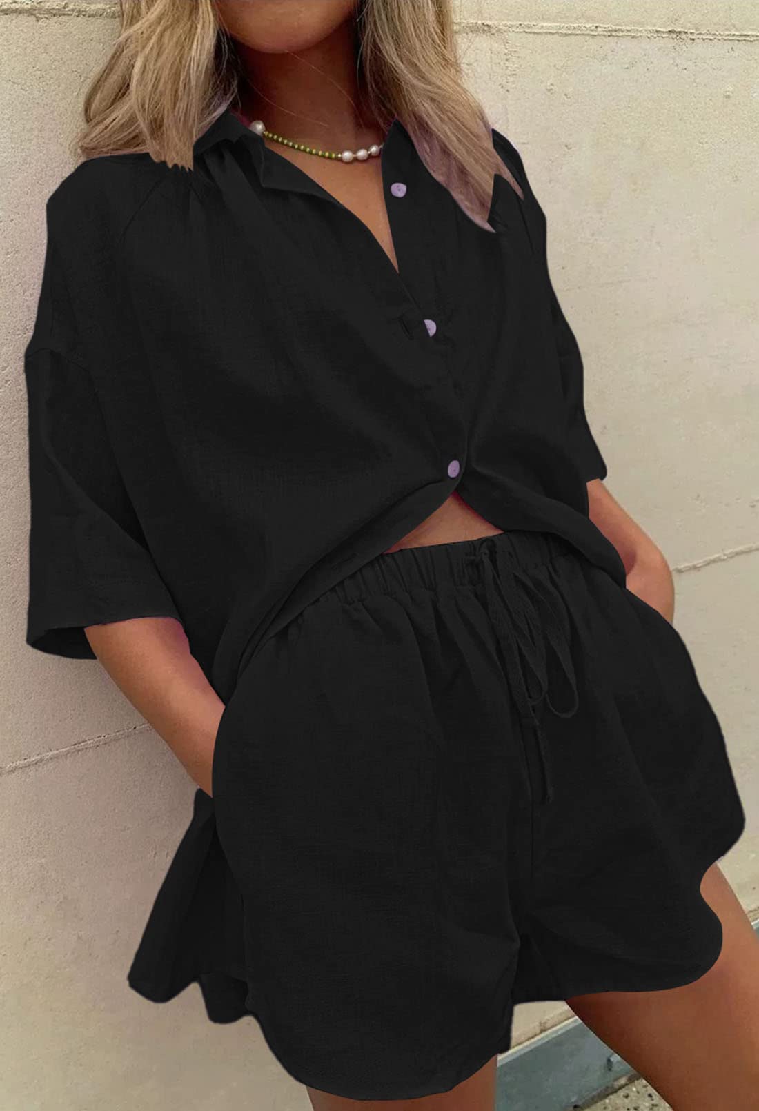 Fixmatti Two Piece Outfits for Women Short Sleeve Collar Button Shirt Top Loose Shorts Set Casual Tracksuit Streetwear Black L