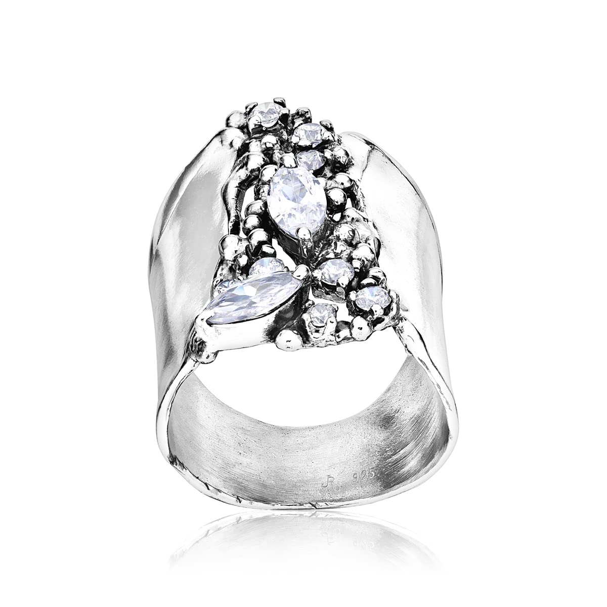 925 Sterling Silver Shield Ring With A White Round and Marquise Cubic Zirconia CZ , Floral Vintage Antique Look, Hypoallergenic, Nickel and Lead-free, Artisan Handcrafted Designer Collections