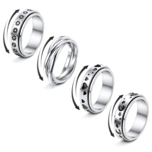 EVBEA Anxiety Ring For Women Relief Fashion Fidget Spinners Rings 4 Pieces Stress Preppy Jewelry For Teen Girl Asexual Stainless Steel Mood Promise Wedding Set Size 7