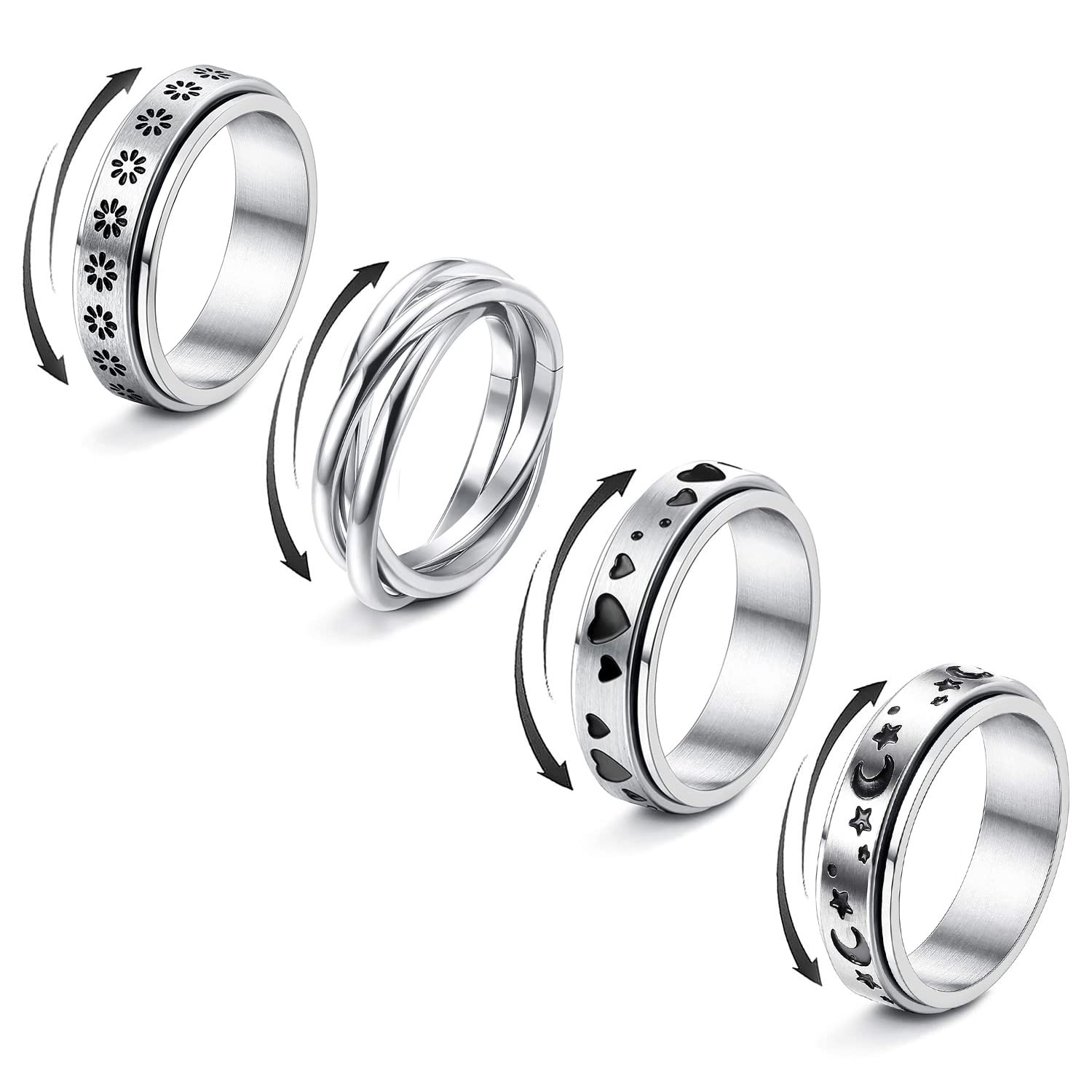 EVBEA Anxiety Ring For Women Relief Fashion Fidget Spinners Rings 4 Pieces Stress Preppy Jewelry For Teen Girl Asexual Stainless Steel Mood Promise Wedding Set Size 7