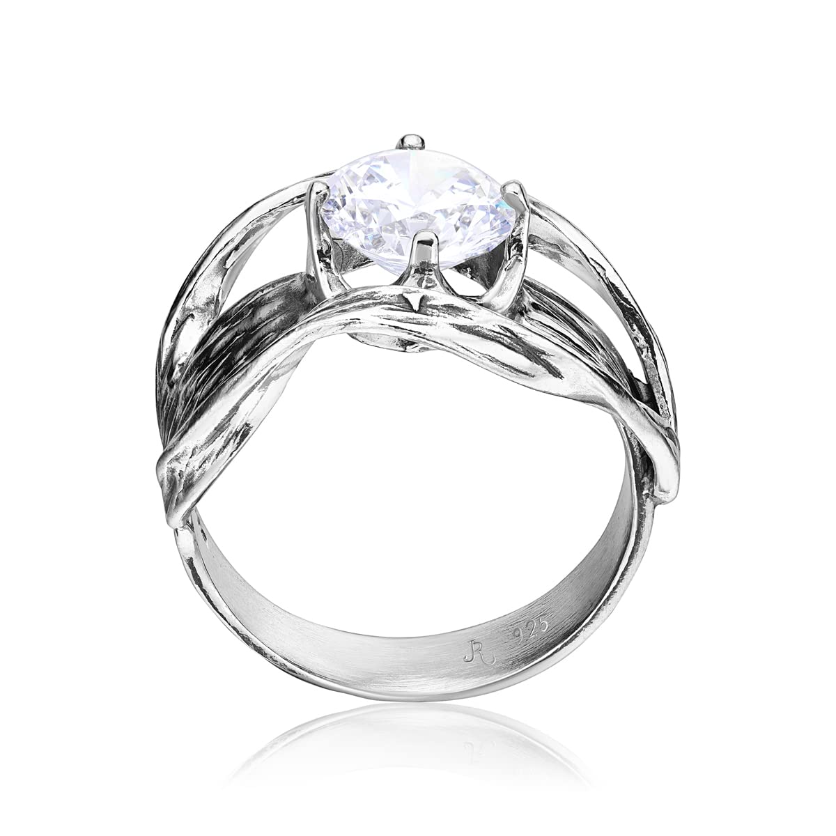 JEAN RACHEL JEWELRY 925 Sterling Silver Ring With White Round Cubic Zirconia Prong, Vintage Antique Look, Hypoallergenic, Nickel and Lead-free, Artisan Handcrafted Designer collection, Made In Israel