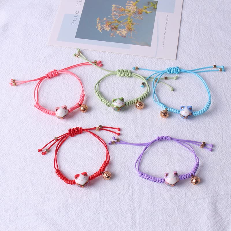 4 Pieces Cat Maneki Neko Bracelet Cute Lucky Cat Ceramic Beads Bracelets Feng Shui Lucky Bracelet Japanese Fortune String Bracelet with Bell, Adjustable