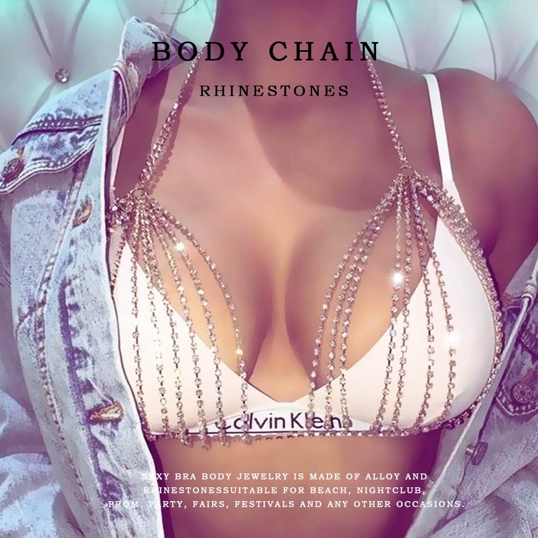 Foyte Boho Rhinestone Top Body Chain Gold Layered Bra Body Chain Sexy Crystal Bikini Chest Chain Nightclub Beach Body Jewelry Accessories for Women (A)