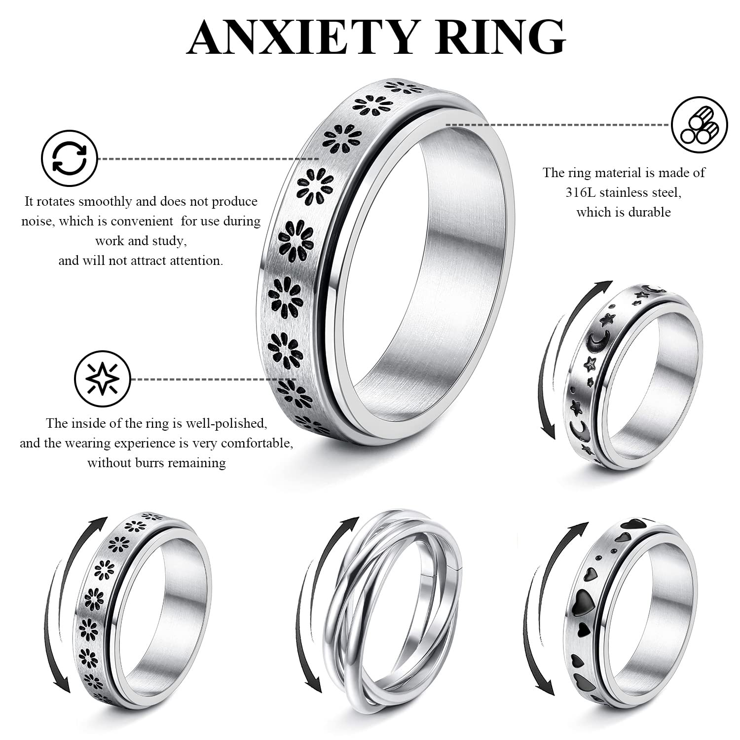 EVBEA Anxiety Ring For Women Relief Fashion Fidget Spinners Rings 4 Pieces Stress Preppy Jewelry For Teen Girl Asexual Stainless Steel Mood Promise Wedding Set Size 7