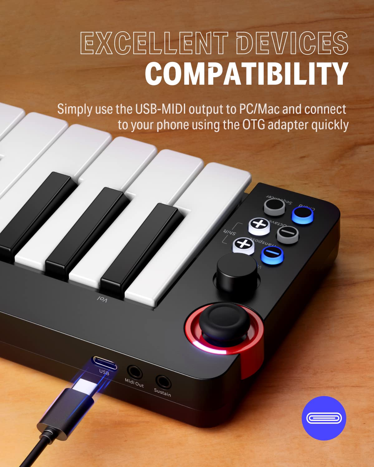 USB MIDI Keyboard Controller MINI 32-Key, Donner N-32 with Screen, Sequencer, Chord, Bend Sound Effects By Light-up Joystick for Mac/PC, Music Production Software, 40 Teaching Courses