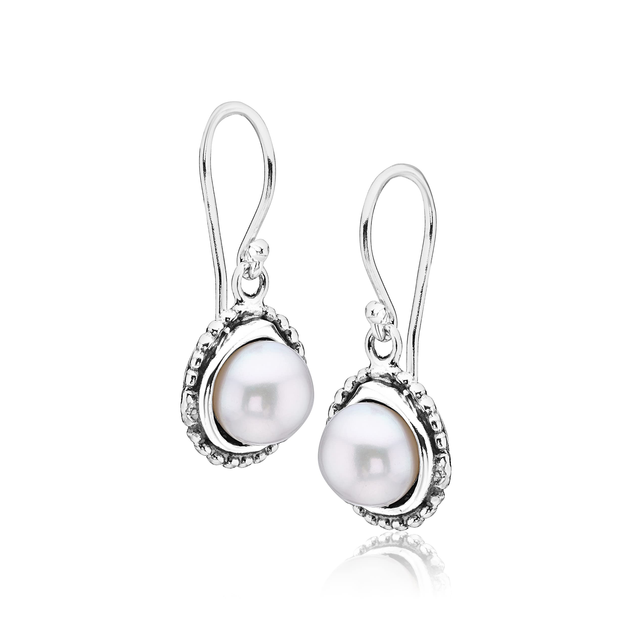 925 Sterling Silver Dangle Drop Earrings w/Freshwater Pearl Nested in Beaded Bezel Antique Finish, Stylish, Hypoallergenic, Nickel & Lead-free, June Birthstone, French Wire Back, Made In Israel