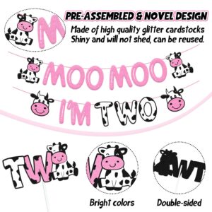 140 PCS Moo Moo Im Two Birthday Decorations Cow 2nd Birthday Banner Cow Two Cake Topper Balloon Sticker for Two Years Old Girl Boy Holy Cow Theme Party Supplies Glitter Pink Decoration