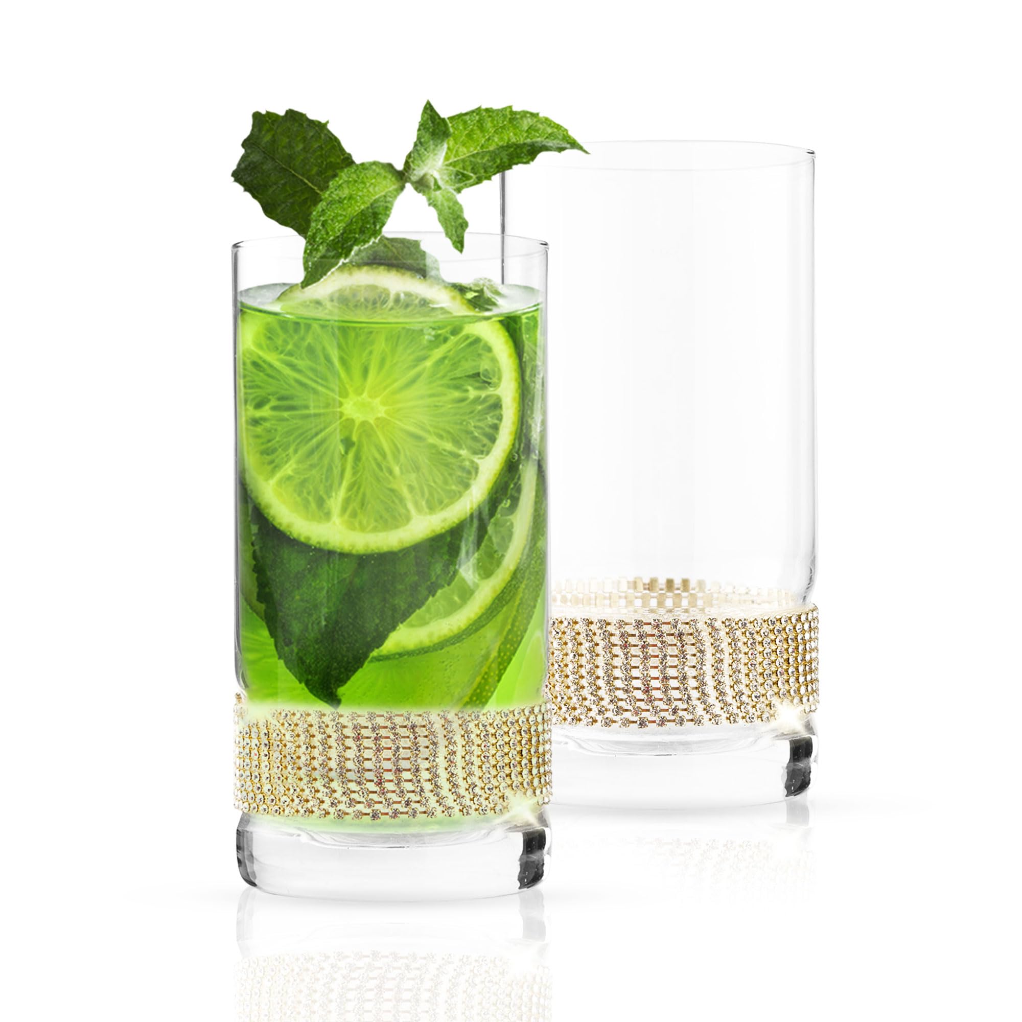 BERKWARE Luxurious Highball Glasses - Elegant Cocktail Glasses & Tom Collins Glasses with Rhinestone Design, 16oz (Set of 2)