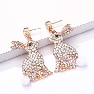 NVENF Easter Earrings Rhinestone Rabbit Bunny Dangle Earrings for Women Statement Spring Themed Drop Earrings Holiday Jewelry Gifts (Silver)