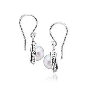 925 Sterling Silver Dangle Drop Earrings w/Freshwater Pearl Nested in Beaded Bezel Antique Finish, Stylish, Hypoallergenic, Nickel & Lead-free, June Birthstone, French Wire Back, Made In Israel