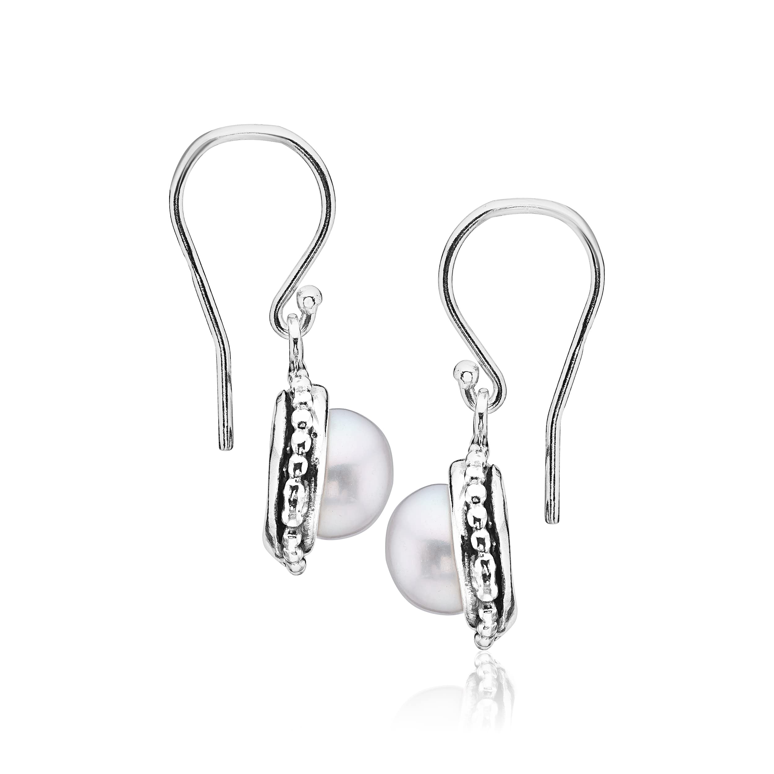 925 Sterling Silver Dangle Drop Earrings w/Freshwater Pearl Nested in Beaded Bezel Antique Finish, Stylish, Hypoallergenic, Nickel & Lead-free, June Birthstone, French Wire Back, Made In Israel