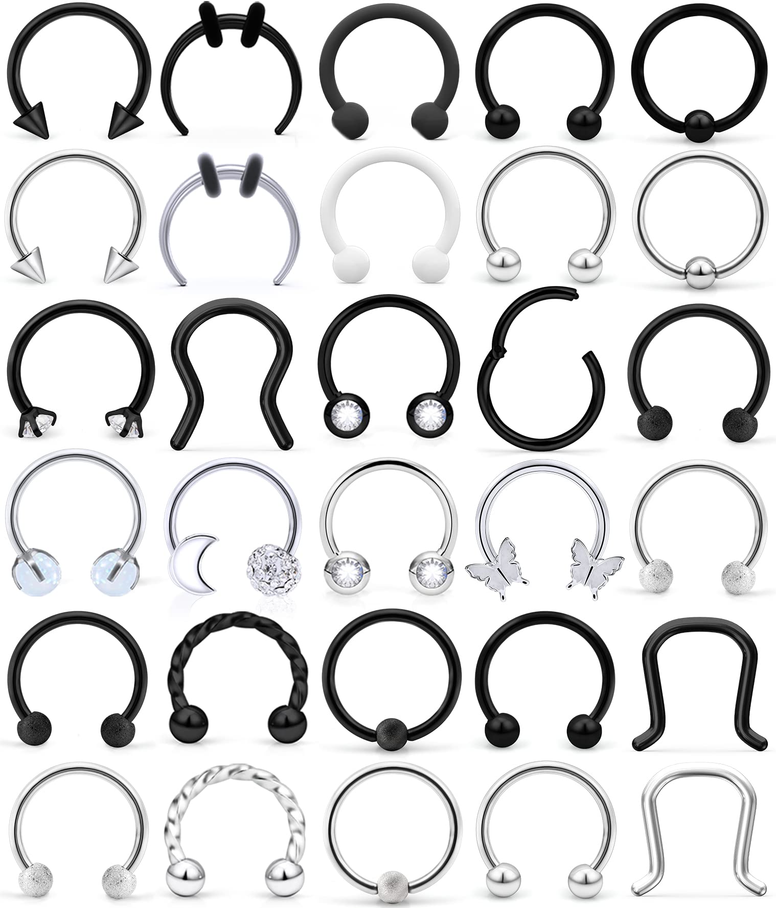 Cisyozi 16G Septum Rings Piercing Jewelry Stainless Surgical Steel Horseshoe Dragon Claw Butterfly Moon Septum Nose Nostril Eyebrow Smiley Lip Ring Hoop Piercings Jewelry Women Men Silver Black 10mm