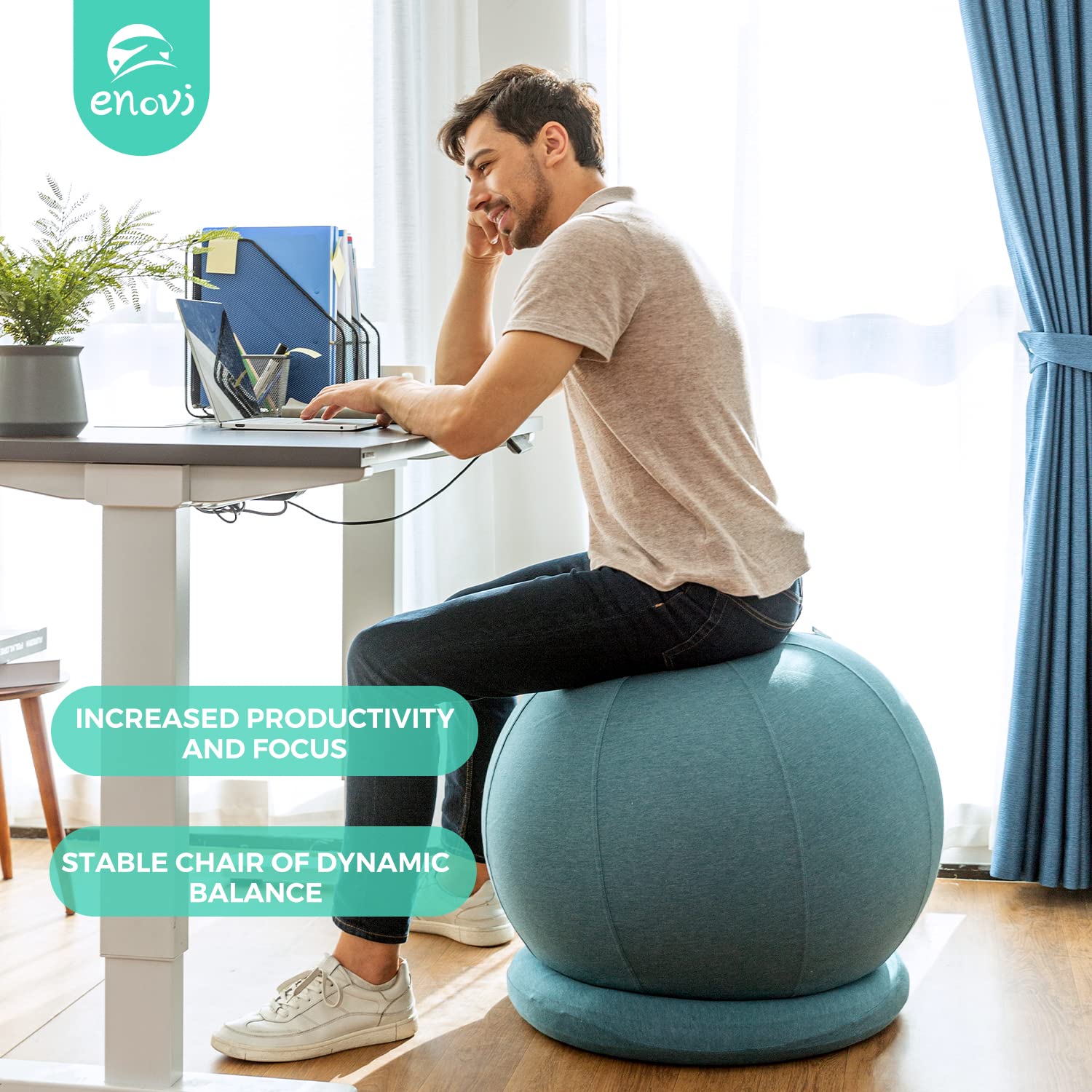 ENOVI ProBalanceΩ Ball Chair, Yoga Ball Chair Exercise Ball Chair with Slipcover and Base for Home Office Desk, Birthing & Pregnancy, Stability Ball & Balance Ball Seat to Relieve Back Pain, 55cm, WB