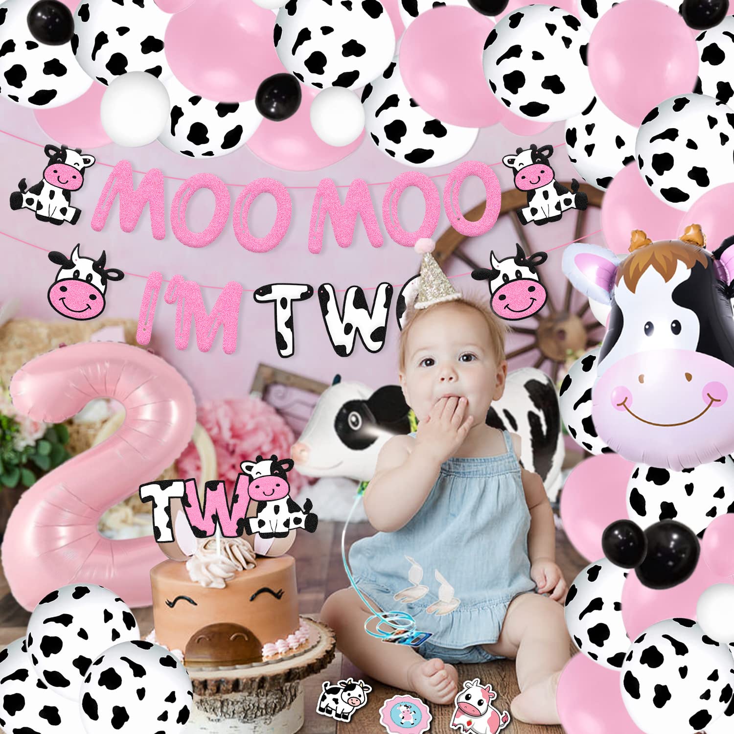 140 PCS Moo Moo Im Two Birthday Decorations Cow 2nd Birthday Banner Cow Two Cake Topper Balloon Sticker for Two Years Old Girl Boy Holy Cow Theme Party Supplies Glitter Pink Decoration