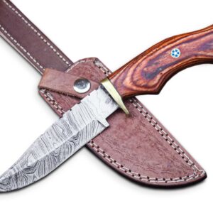 Custom Handmade Hunting Knife Skinner Fixed Blade Knife Damascus Steel 10'' Overall Rose Wood With Sheath