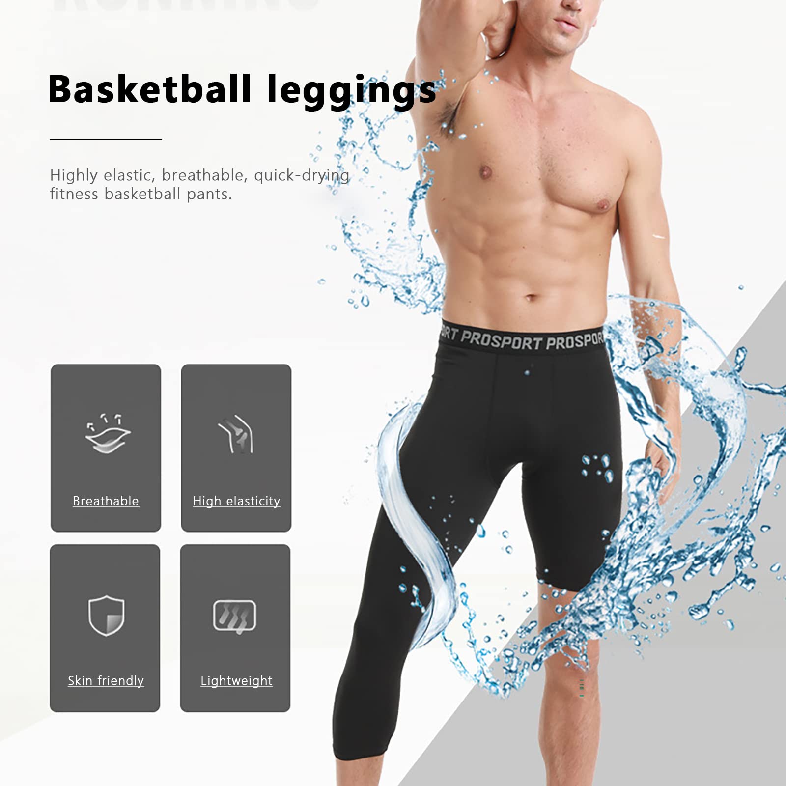 hwojjha 2 Pack Men’s Compression Pants One Leg 3/4 Capri Tights Leggings Athletic Base Layer for Gym Running Basketball (US, Alpha, Small, Regular, Regular, White+Black (Left 3/4))