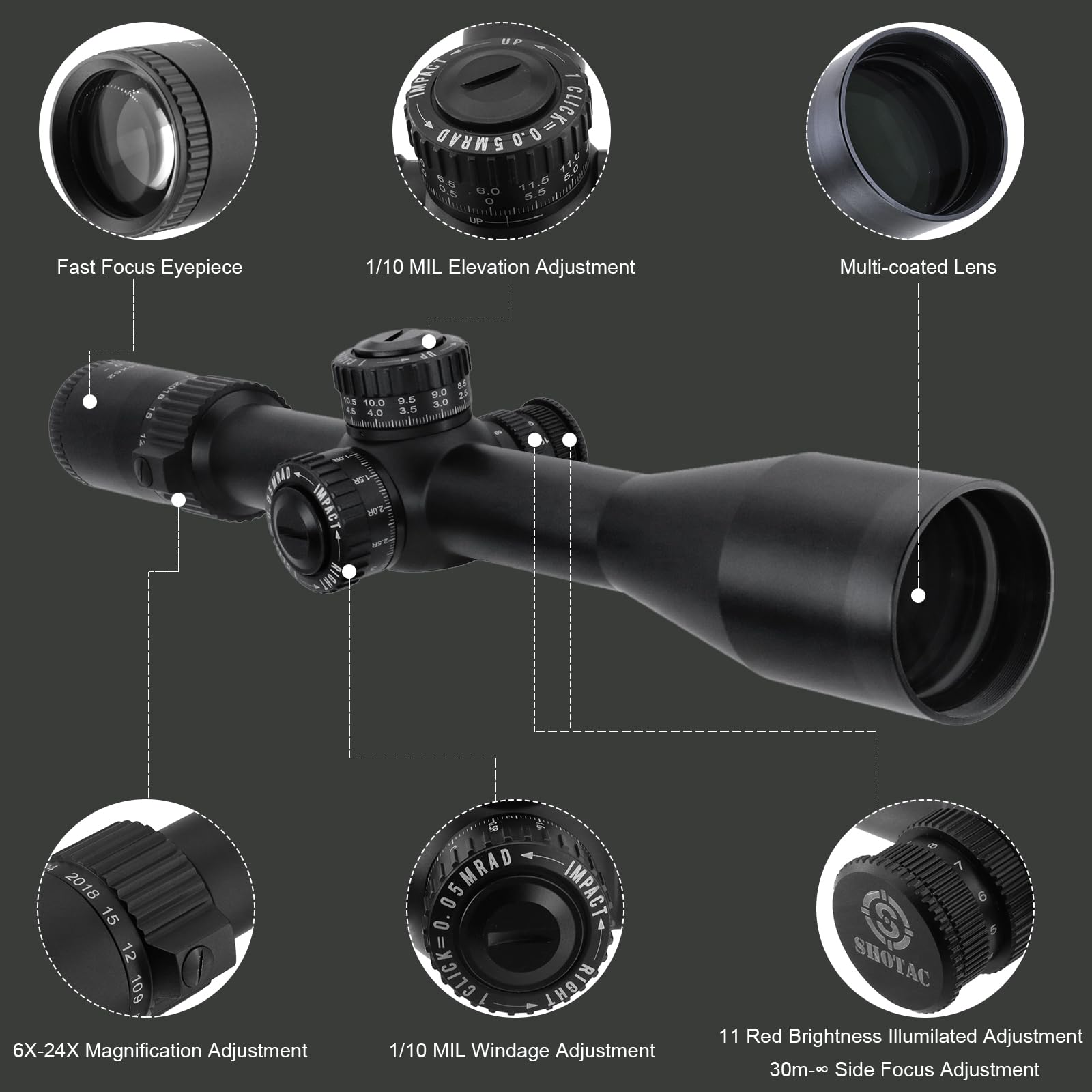 SHOTAC Rifle Scope 6-24X52, 34mm Tube, High Resolution for Long Range Shooting up to 4000 meter, FFP, IPX7 Waterproof & Shock Proof of .223, 308, 338, 3006, 45, 50, Durable and accurate