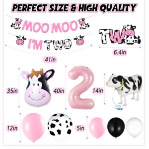 140 PCS Moo Moo Im Two Birthday Decorations Cow 2nd Birthday Banner Cow Two Cake Topper Balloon Sticker for Two Years Old Girl Boy Holy Cow Theme Party Supplies Glitter Pink Decoration