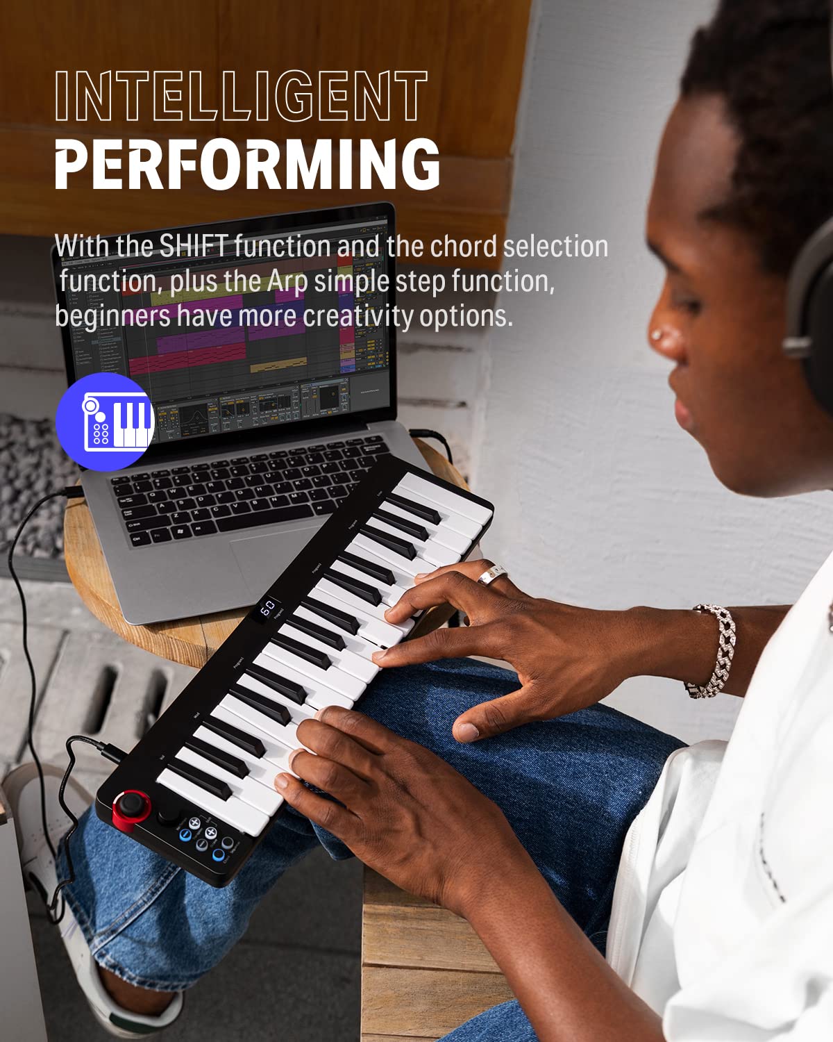 USB MIDI Keyboard Controller MINI 32-Key, Donner N-32 with Screen, Sequencer, Chord, Bend Sound Effects By Light-up Joystick for Mac/PC, Music Production Software, 40 Teaching Courses