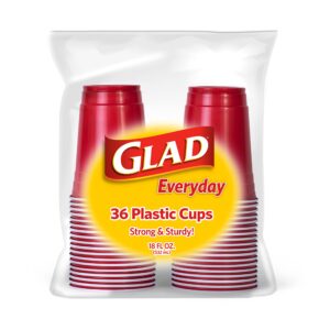 glad everyday plastic cups 18oz 36ct red | red plastic cups, 36 count | strong and sturdy red plastic cups for all occasions, hold 18 ounces | bulk drinking cups