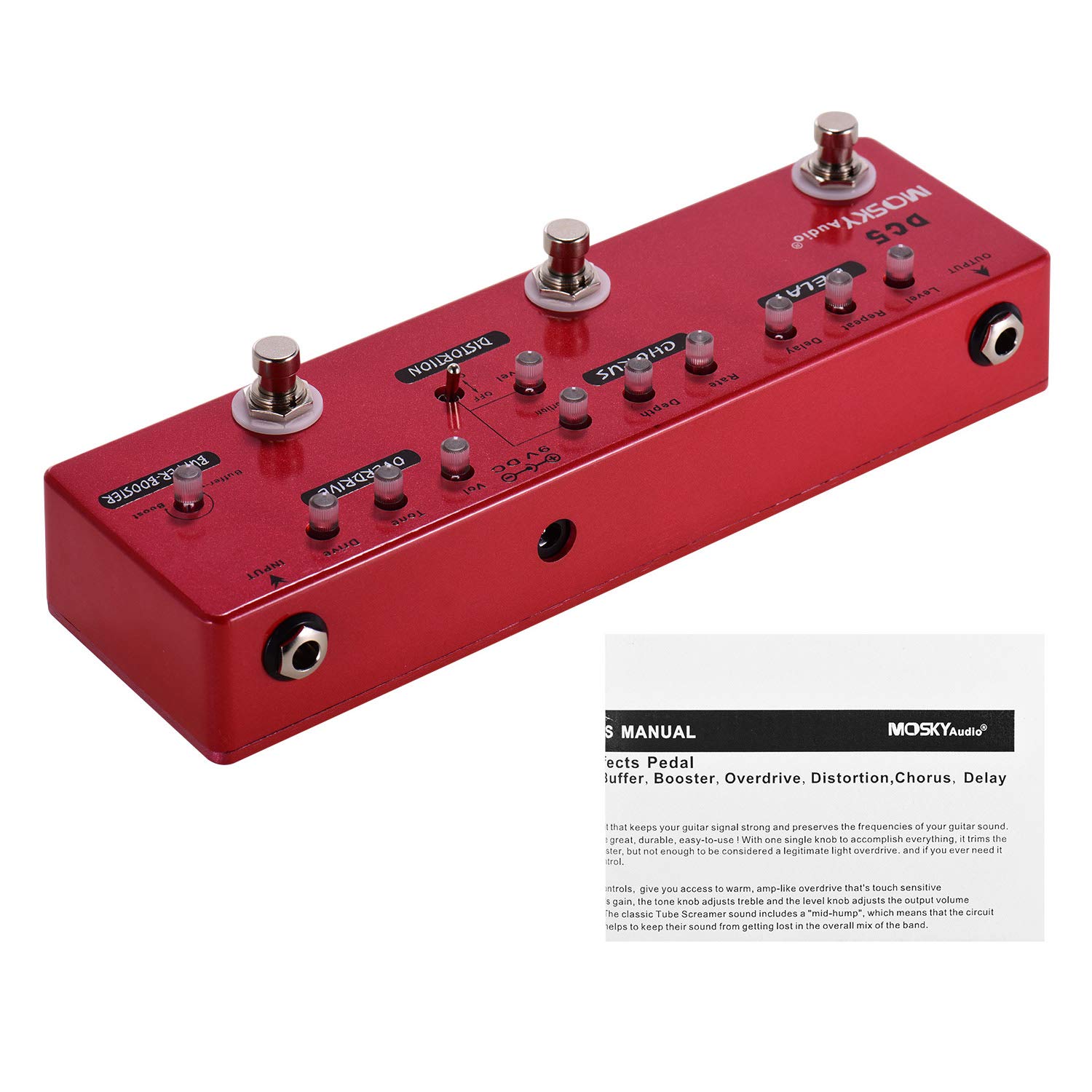 MOSKYAudio Multi Effects Pedal Buffer + Booster + Overdrive + Distortion + Chorus + Delay Effects 6 Effects Pedal In 1 Unit (DC5)