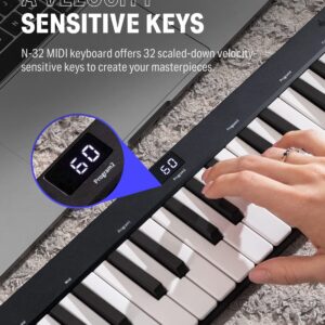 USB MIDI Keyboard Controller MINI 32-Key, Donner N-32 with Screen, Sequencer, Chord, Bend Sound Effects By Light-up Joystick for Mac/PC, Music Production Software, 40 Teaching Courses