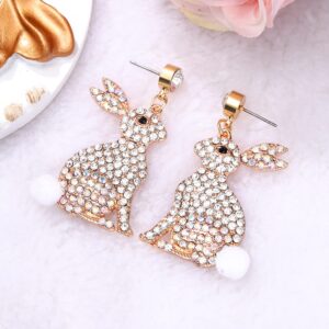 NVENF Easter Earrings Rhinestone Rabbit Bunny Dangle Earrings for Women Statement Spring Themed Drop Earrings Holiday Jewelry Gifts (Silver)