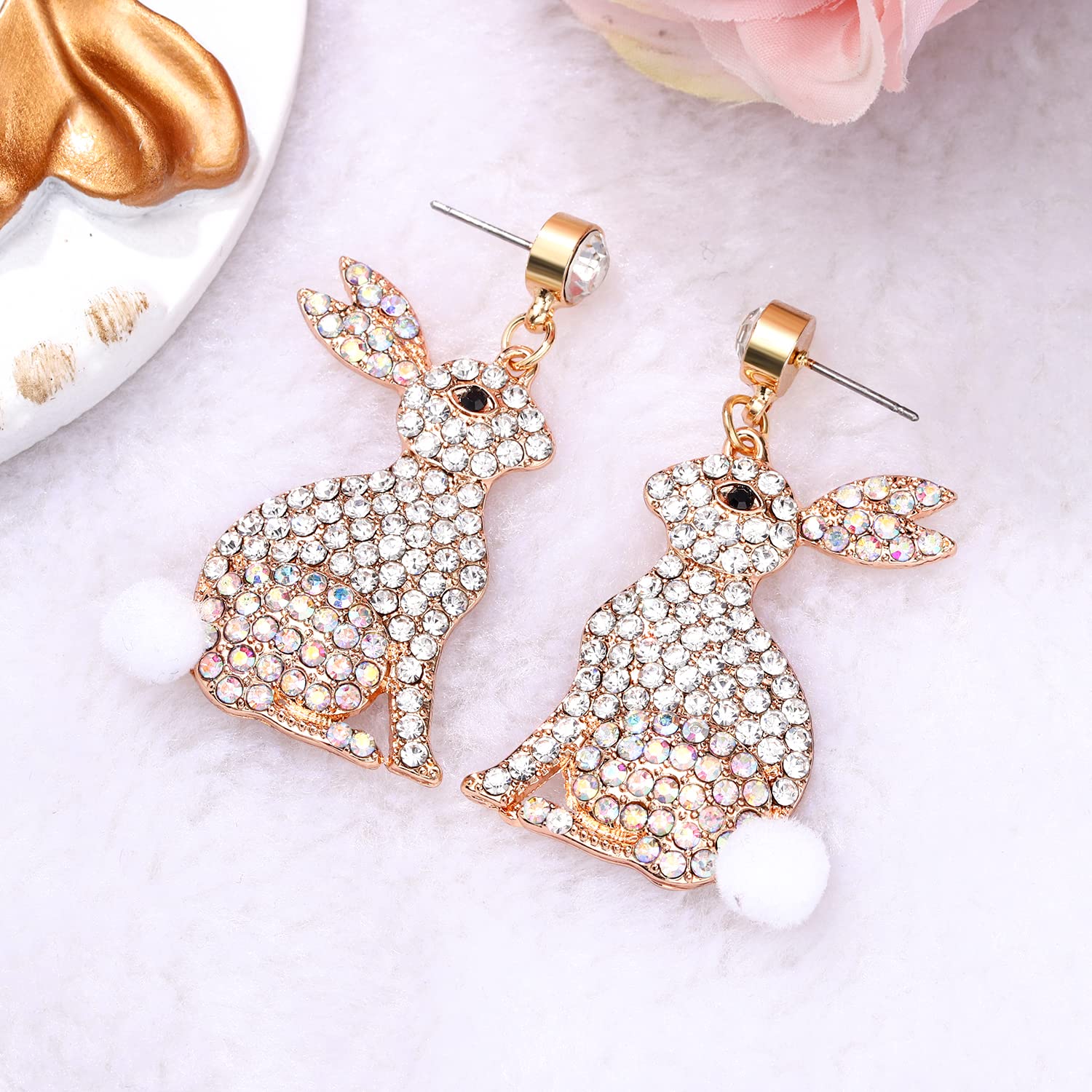 NVENF Easter Earrings Rhinestone Rabbit Bunny Dangle Earrings for Women Statement Spring Themed Drop Earrings Holiday Jewelry Gifts (Silver)