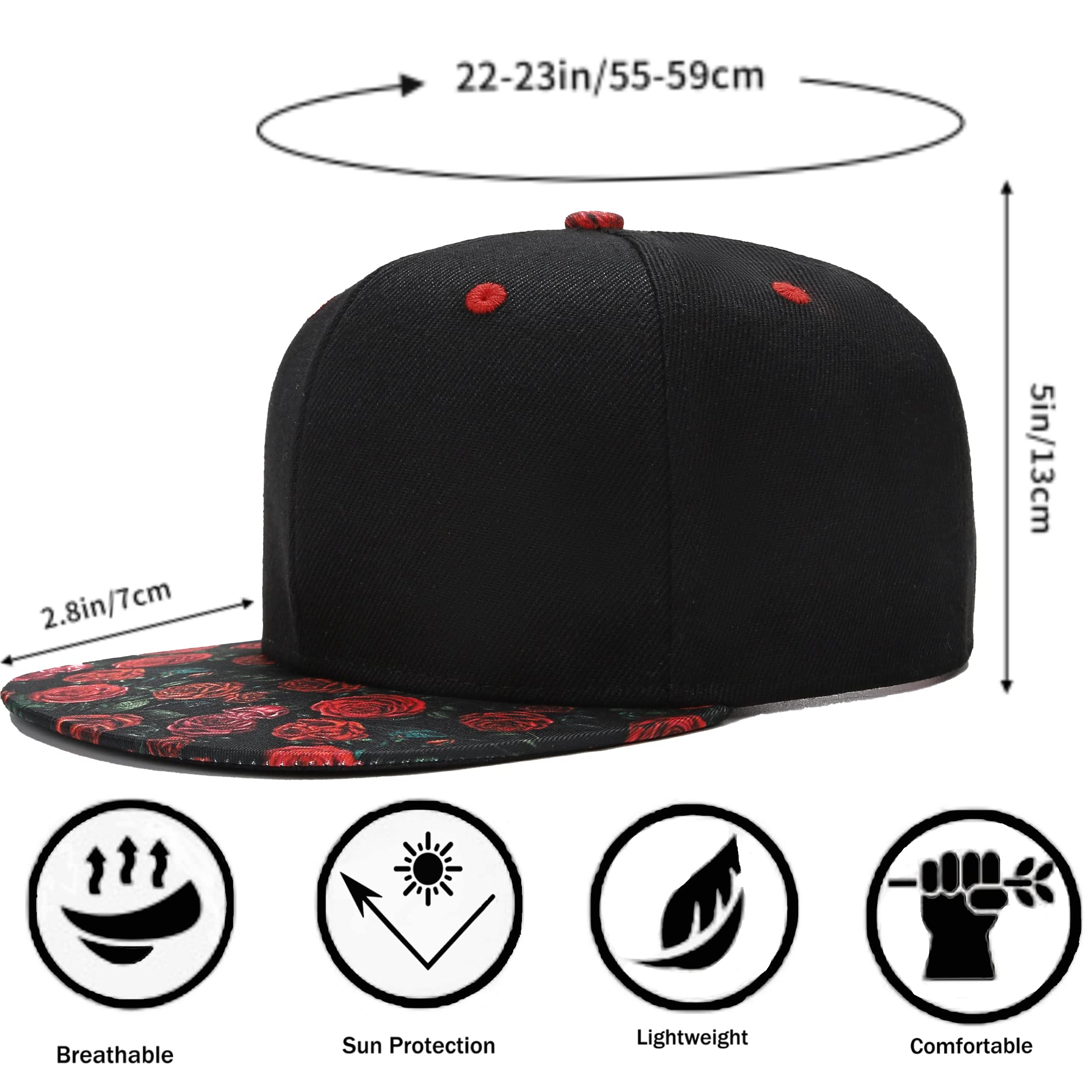 Rose Snapback Hats for Men Hat High Top End Hip Hop Hats for Rappers Flat Visor Bill Women's Baseball Caps Adjustable Unisex Black